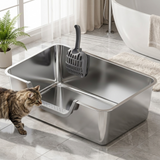 Fenlow | Cat Litter Box Stainless Steel High Edges Curved Entry for All Sizes