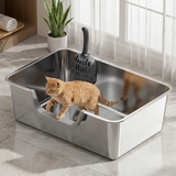 Pawtropolis | Cat and Rabbit Litter Box Stainless Steel High-Sided Curved Entry
