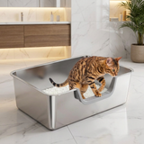 Fenlow | Cat Litter Box Stainless Steel High Edges Curved Entry for All Sizes