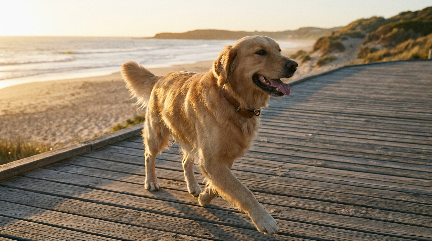 Golden retriever on a sunny coastal boardwalk — Zopetto hero
